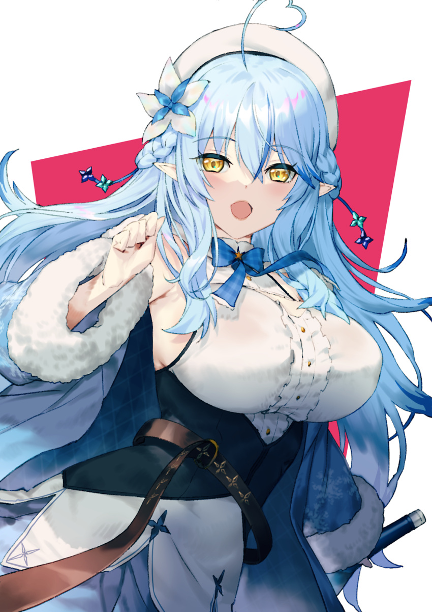1girl ahoge bare_shoulders belt blue_hair blush braid breasts center_frills coat covered_nipples cowboy_shot cozy eyebrows_visible_through_hair flower frills fur_trim hair_between_eyes hair_flower hair_ornament heart_ahoge highres hololive large_breasts long_hair long_sleeves looking_at_viewer open_mouth pointy_ears sideboob sidelocks simple_background smile solo tight underbust virtual_youtuber yellow_eyes yukihana_lamy