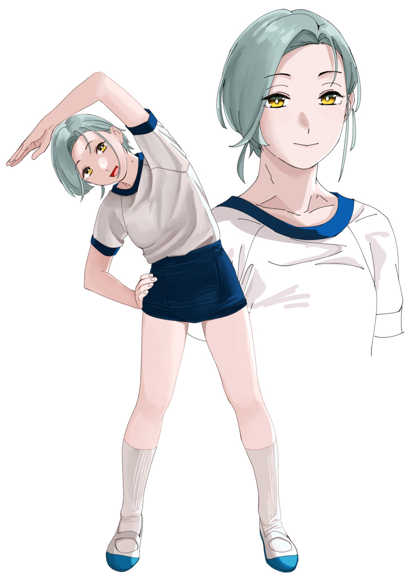1girl absurdres blue_buruma buruma closed_mouth grey_hair gym_shirt gym_uniform hand_on_hip highres kantai_collection kneehighs mole mole_on_neck multiple_views ojipon open_mouth shirt short_hair short_sleeves simple_background standing stretch symbol-only_commentary tamanami_(kancolle) white_background white_legwear yellow_eyes
