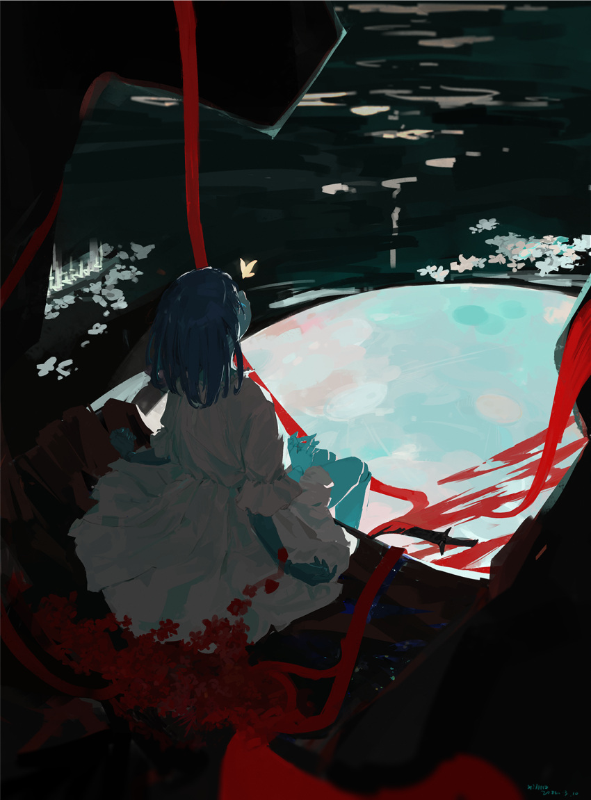 1girl blue_hair blue_skirt bug butterfly dress elden_ring extra_arms flower from_behind highres looking_up medium_hair ranni_the_witch red_flower red_ribbon ribbon sitting skirt soaking_feet solo white_butterfly white_dress white_flower xilmo