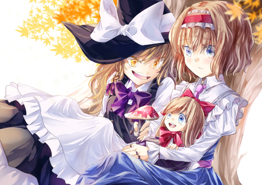2girls alice_margatroid apron autumn_leaves bangs belt black_dress black_headwear blonde_hair blue_dress blue_eyes bow bowtie braid breasts brown_hair buttons capelet closed_mouth collared_shirt commentary_request doll dress eyebrows_visible_through_hair eyes_visible_through_hair food frills hair_between_eyes hair_bow hairband hand_up hat hat_bow hug hug_from_behind juliet_sleeves kirisame_marisa knora leaf light_brown_hair long_hair long_sleeves looking_at_another looking_down medium_breasts multiple_girls mushroom open_mouth puffy_sleeves purple_belt purple_bow purple_bowtie red_bow red_bowtie red_hairband shanghai_doll shirt short_hair single_braid sitting smile teeth tongue touhou tree v-shaped_eyebrows white_apron white_background white_bow white_capelet white_shirt witch_hat yellow_eyes yuri