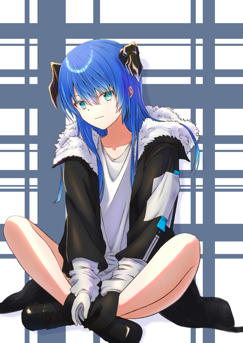 1girl absurdres arknights bangs black_footwear black_jacket blue_eyes blue_hair commentary_request crossed_legs demon_horns eyebrows_visible_through_hair full_body fur_trim gloves halo highres horns jacket long_hair long_sleeves looking_at_viewer mostima_(arknights) myudo-0323 open_clothes shirt sitting smile solo white_shirt