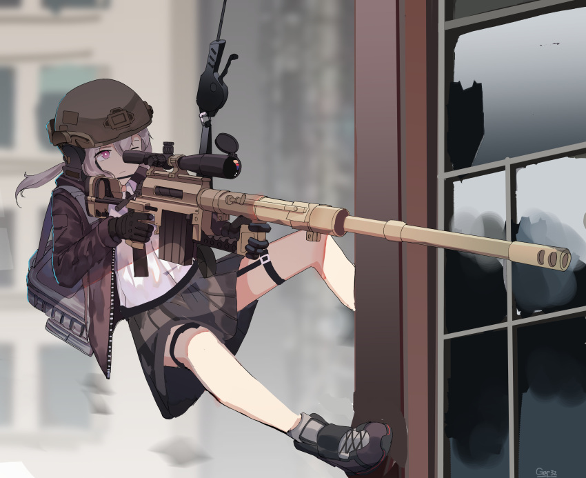 1girl absurdres backpack bag bangs black_footwear black_gloves black_skirt blurry blurry_background bolt_action brown_jacket building cheytac_m200 closed_mouth collared_shirt commentary day depth_of_field dress_shirt eyebrows_visible_through_hair finger_on_trigger gar32 girls_frontline gloves grey_hair gun hair_between_eyes helmet highres holding holding_gun holding_weapon jacket long_hair m200_(girls'_frontline) one_eye_closed open_clothes open_jacket outdoors pleated_skirt rappelling rifle shirt shoes skirt sniper_rifle sniper_scope solo violet_eyes weapon white_shirt window