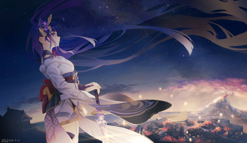 1girl absurdres architecture bridal_gauntlets cherry_tree dated east_asian_architecture engulfing_lightning_(genshin_impact) floating_hair flower from_side genshin_impact hair_flower hair_ornament highres holding holding_sword holding_weapon japanese_clothes kimono looking_afar mole mole_under_eye mountain musou_isshin_(genshin_impact) night night_sky obijime ocean off_shoulder purple_hair purple_kimono purple_legwear purple_nails raiden_shogun sash scenery signature sky solo star_(sky) starry_sky swkl:d sword thigh-highs violet_eyes weapon wide_sleeves wind