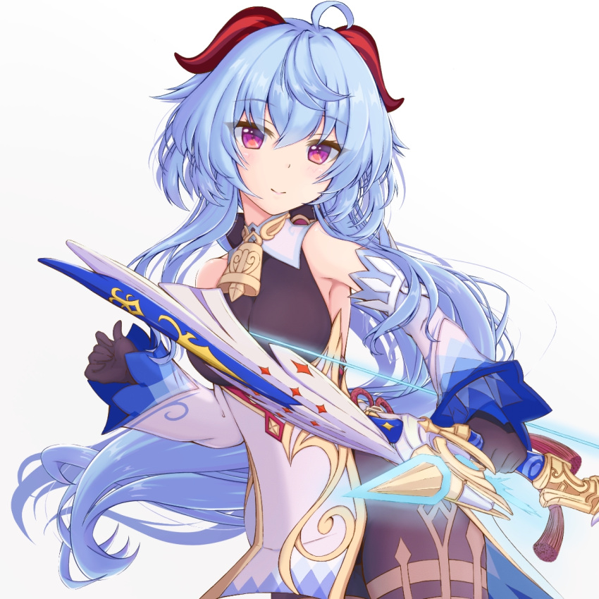 1girl ahoge amos'_bow_(genshin_impact) bangs bare_shoulders bell black_gloves black_legwear blue_hair blush bow_(weapon) breasts detached_sleeves eyebrows_visible_through_hair ganyu_(genshin_impact) genshin_impact gloves gold_trim highres holding holding_bow_(weapon) holding_weapon long_hair looking_at_viewer low_ponytail mizuha_(len-k-t) neck_bell sidelocks smile solo standing thighlet upper_body violet_eyes weapon white_background white_sleeves