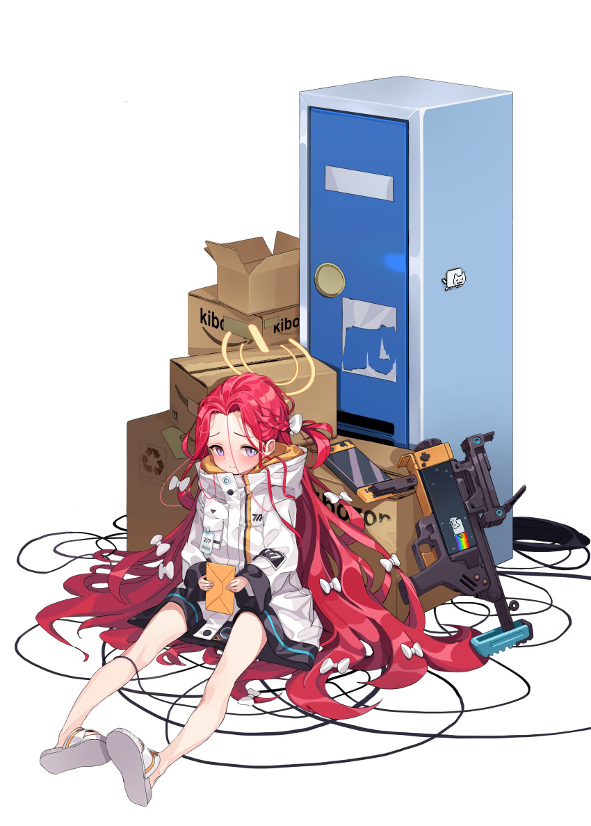 1girl absurdres blue_archive blush box cardboard_box forehead full_body game_console grenade_launcher halo highres locker looking_at_viewer school_uniform sitting solo toombo12 violet_eyes weapon white_background wire yuzu_(blue_archive)