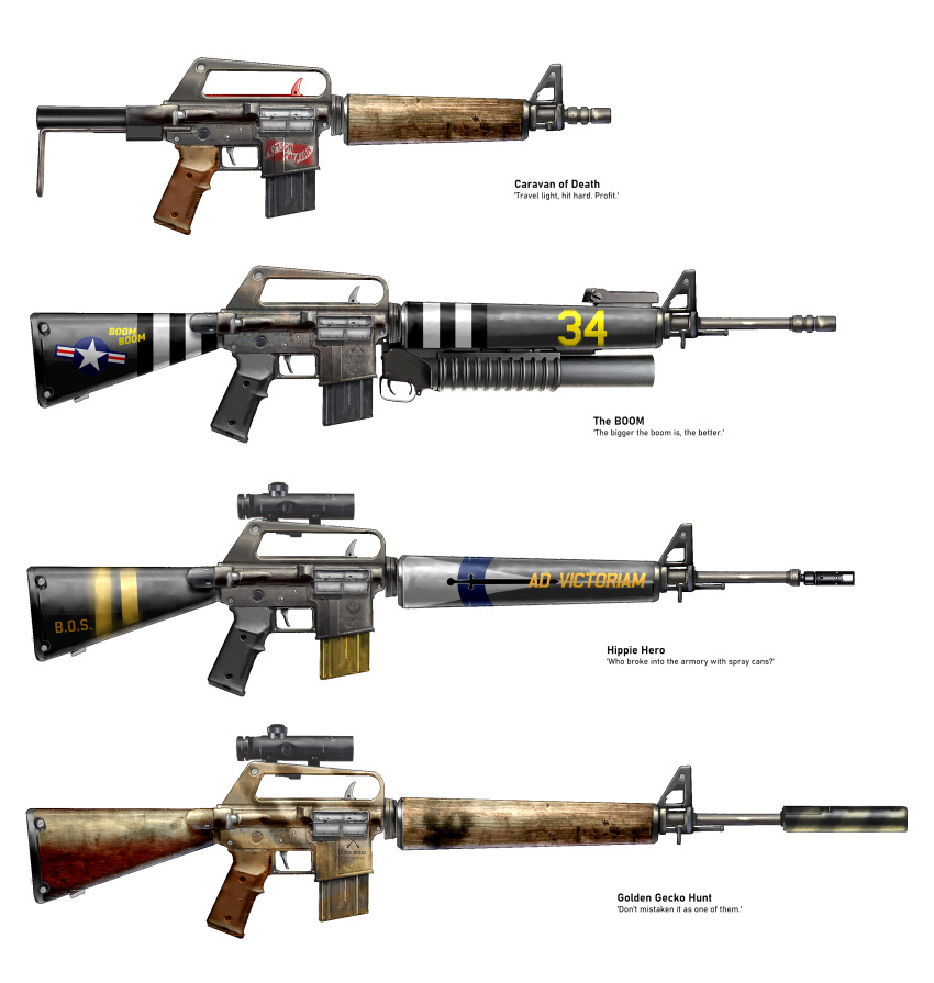 absurdres assault_rifle asterozoa commentary concept_art english_commentary english_text fallout_(series) fallout_new_vegas grenade_launcher gun highres latin_text no_humans rifle scope service_weapon simple_background underbarrel_grenade_launcher weapon white_background