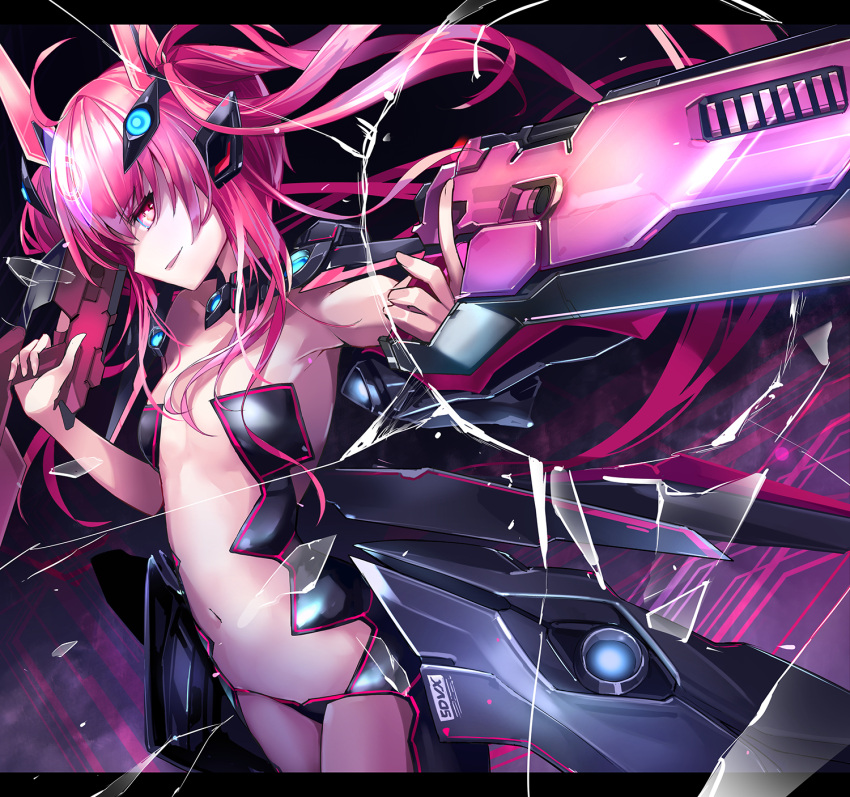 1girl ahoge bemani breasts broken_glass commentary cowboy_shot evil_eye_(sound_voltex) glass glass_shards grace_(sound_voltex) gun hair_ornament highres holding holding_gun holding_weapon kie_(yospcd) letterboxed long_hair looking_to_the_side mechanical_wings navel outstretched_arm pink_eyes pink_hair revealing_clothes sidelocks small_breasts smile solo sound_voltex standing twintails weapon wings
