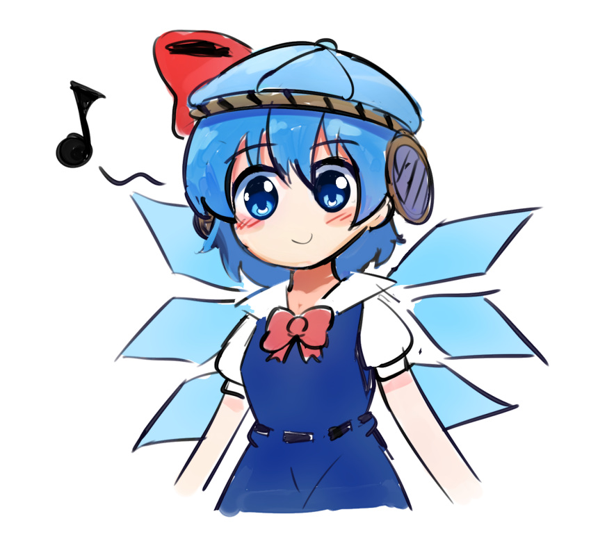 1girl bangs blue_bow blue_dress blue_eyes blue_hair blush bow bowtie cirno closed_mouth collared_shirt detached_wings dress english_commentary eyebrows_visible_through_hair ferdy's_lab hair_between_eyes hair_bow highres ice ice_wings looking_at_viewer musical_note pinafore_dress puffy_short_sleeves puffy_sleeves red_bow red_bowtie shirt short_hair short_sleeves simple_background smile solo touhou white_background white_shirt wings