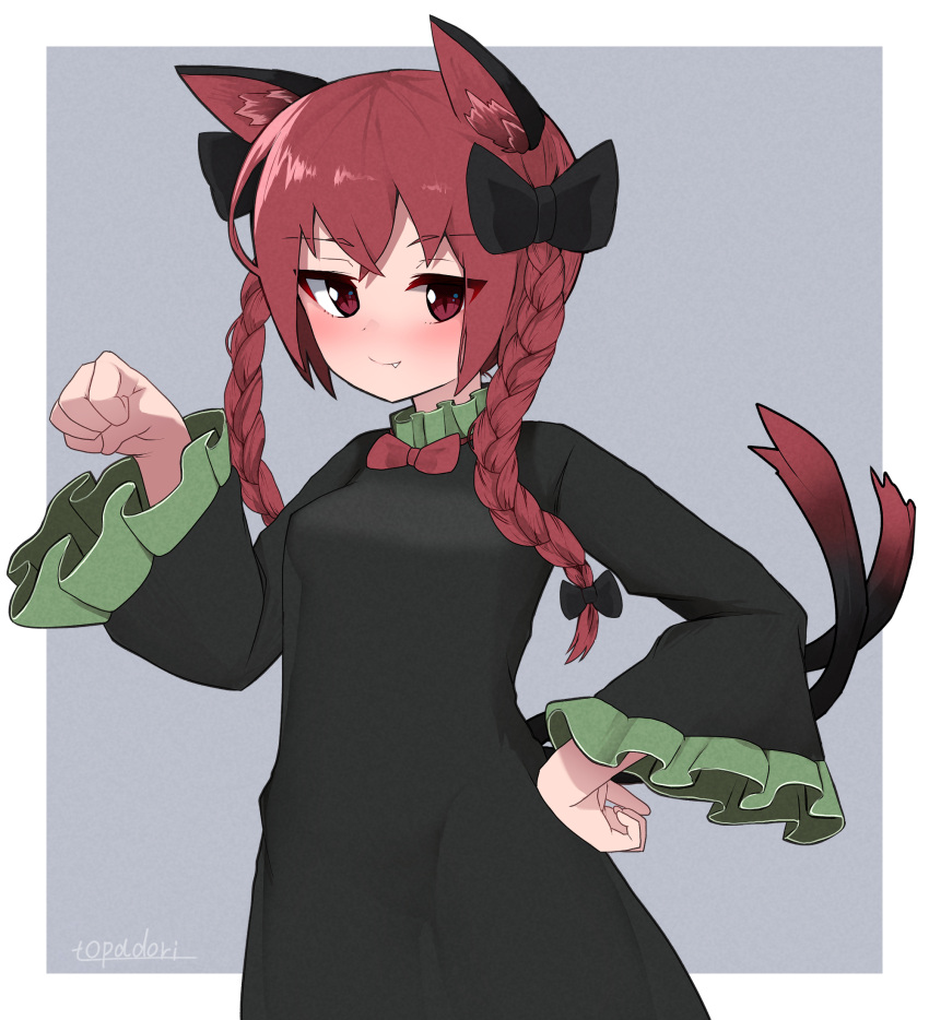 1girl animal_ear_fluff animal_ears bangs black_bow blue_background blush border bow bowtie braid breasts cat_ears cat_tail cowboy_shot dress eyebrows_visible_through_hair fang fang_out frills green_dress hair_bow hair_ribbon hand_on_hip hand_up highres kaenbyou_rin long_hair looking_at_viewer medium_breasts multiple_tails nekomata outside_border paw_pose red_bow red_bowtie red_eyes redhead ribbon simple_background slit_pupils solo tail topadori touhou tress_ribbon twin_braids twintails two_tails white_border wide_sleeves