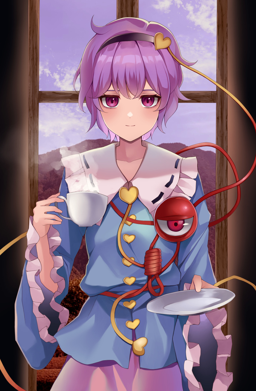1girl absurdres bangs black_hairband blue_shirt breasts closed_mouth cowboy_shot cup day eyebrows_behind_hair frilled_shirt_collar frills hairband highres holding holding_cup holding_plate koizumo komeiji_satori light_blush light_smile long_sleeves looking_at_viewer plate purple_hair shirt short_hair sky small_breasts solo third_eye touhou violet_eyes wide_sleeves window