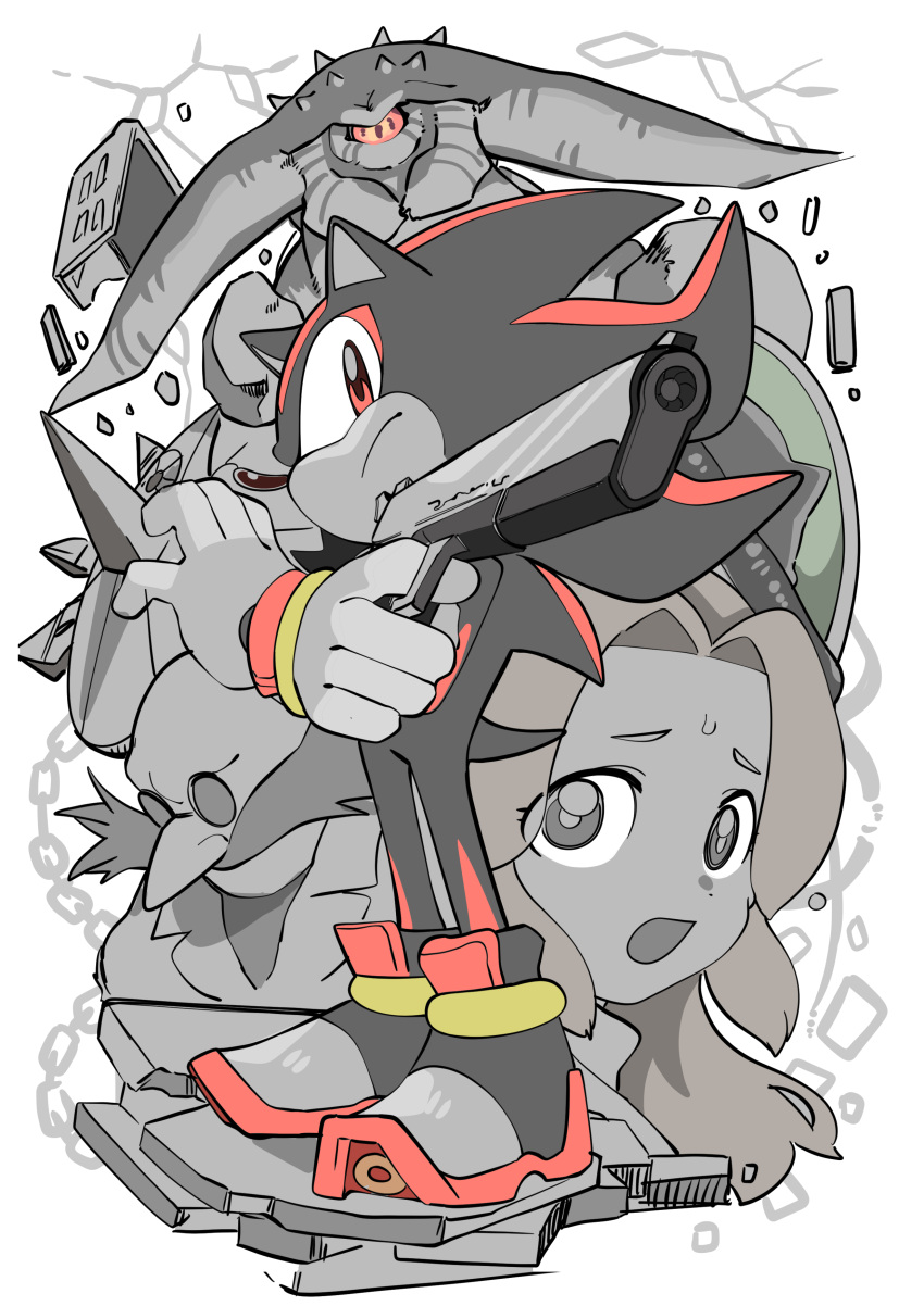 1girl 3boys absurdres bald black_doom eyebrows facial_hair furry gerald_robotnik glasses gloves gun handgun highres holding holding_gun holding_weapon long_hair looking_at_viewer maria_robotnik multiple_boys mustache pistol red_eyes round_eyewear shadow_the_hedgehog shadow_the_hedgehog_(game) shoes sneakers sonic_(series) spot_color tory_(tory29) weapon white_gloves