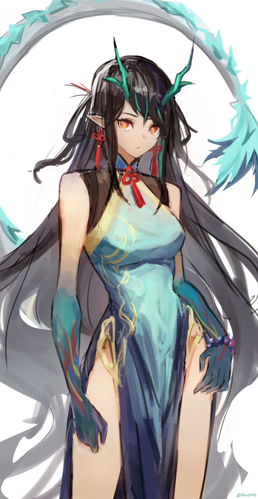 1girl absurdres arknights arm_tattoo bead_bracelet beads black_hair bracelet china_dress chinese_clothes colored_skin cowboy_shot dragon_girl dragon_horns dragon_tail dress dusk_(arknights) dusk_(everything_is_a_miracle)_(arknights) ear_piercing earrings flame-tipped_tail green_hair green_skin highres horns jewelry long_hair looking_at_viewer multicolored_hair neck_ribbon official_alternate_costume orange_eyes pelvic_curtain piercing red_ribbon ribbon shouz sleeveless sleeveless_dress solo streaked_hair tail tassel tassel_earrings tattoo very_long_hair white_background