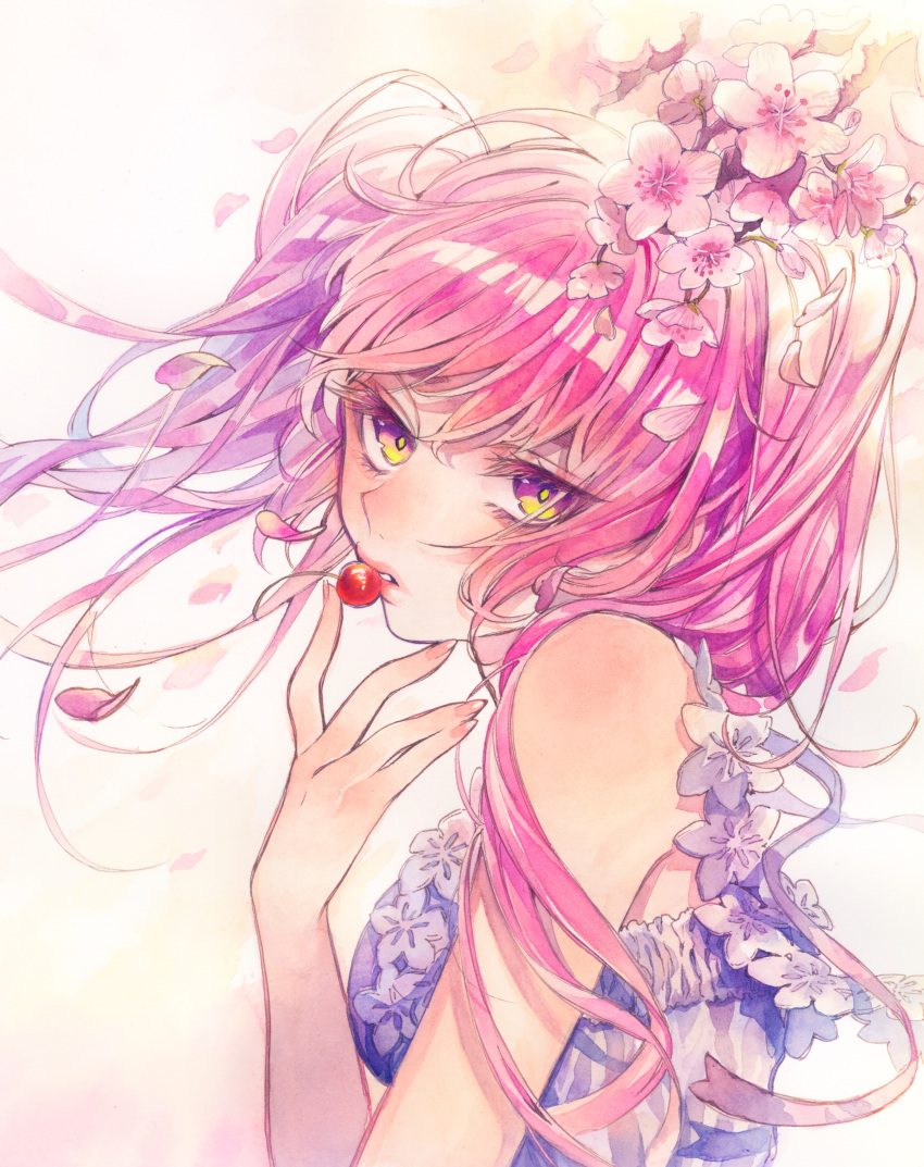 1girl absurdres cherry cherry_blossoms finger_to_mouth fingernails floating_hair food from_side fruit half-closed_eyes highres lips long_fingernails long_hair looking_at_viewer multicolored_eyes original painting_(medium) parted_lips petals pink_hair pink_nails remon_(10112) ribbon sleeveless solo traditional_media twintails upper_body watercolor_(medium) wind yellow_eyes