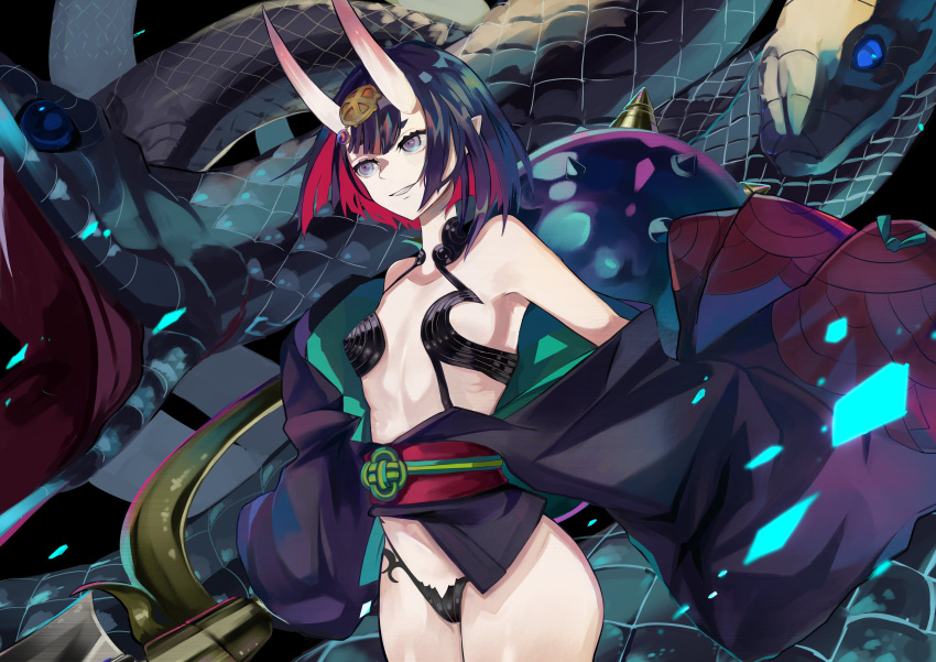 absurdres bangs bob_cut breasts fate/grand_order fate_(series) gourd headpiece highres horns japanese_clothes kimono multiple_heads oni oni_horns open_clothes open_kimono open_mouth pointy_ears purple_hair purple_kimono revealing_clothes san_(harutuki_3) short_eyebrows short_hair shuten_douji_(fate) skin-covered_horns small_breasts smile snake sword thighs violet_eyes weapon yamata_no_orochi