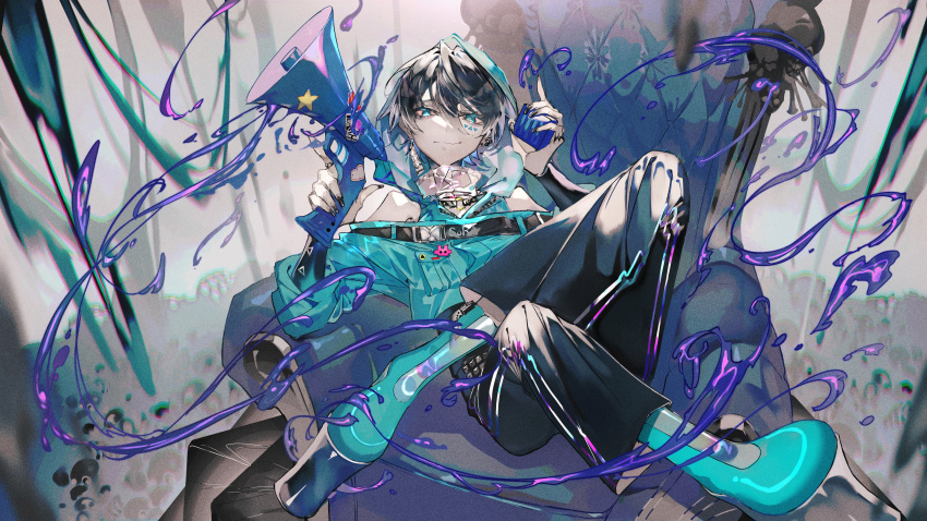1boy absurdres bare_shoulders black_hair black_pants blue_eyes blue_footwear boots couch full_body high_heel_boots high_heels highres holding looking_at_viewer megaphone mura_karuki off-shoulder_shirt off_shoulder original pants shirt singer smile solo vocaloid