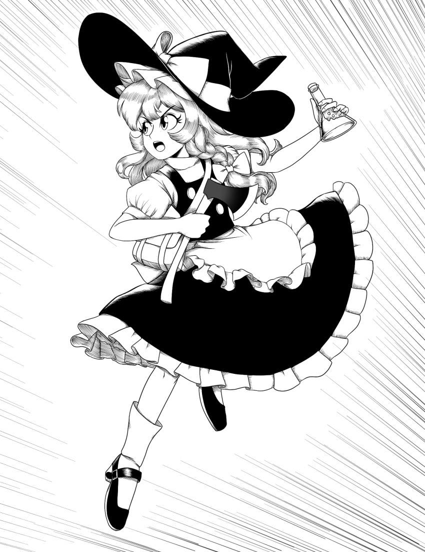 1girl apron axe black_footwear black_skirt black_vest bow buttons erlenmeyer_flask flask frilled_apron frilled_hat frilled_skirt frills giantcavemushroom greyscale hat hat_bow highres holding holding_axe kirisame_marisa mary_janes monochrome open_mouth puffy_short_sleeves puffy_sleeves shirt shoes short_sleeves skirt socks teeth touhou turtleneck upper_teeth vest waist_apron white_apron white_shirt witch witch_hat