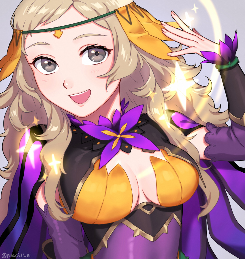 1girl asymmetrical_bangs bangs blonde_hair bodystocking breasts bridal_gauntlets circlet fire_emblem fire_emblem_fates fire_emblem_heroes flower_ornament grey_background grey_eyes highres long_hair looking_at_viewer medium_breasts official_alternate_costume open_mouth ophelia_(fire_emblem) pantyhose peach11_01 shiny simple_background smile solo sparkle turtleneck