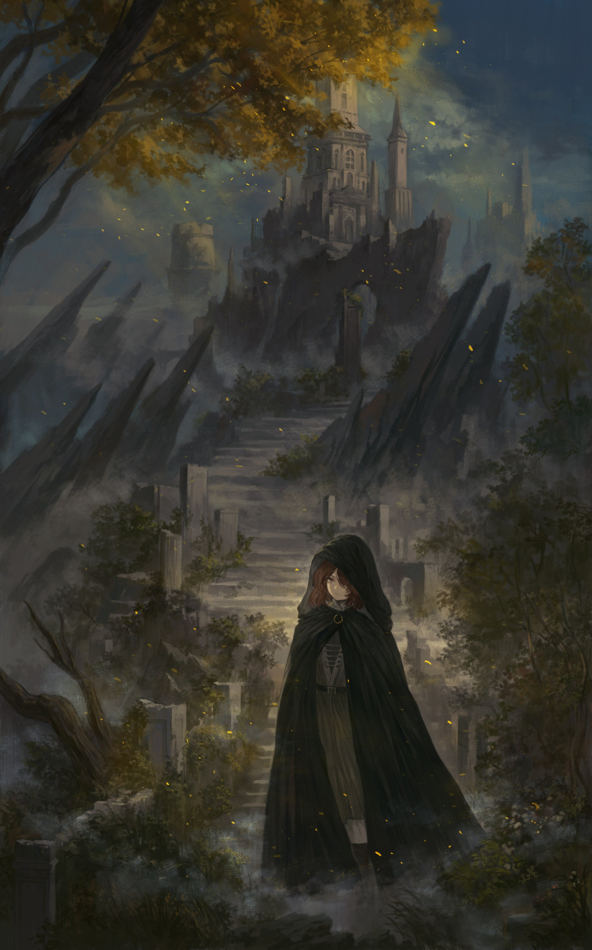 1girl absurdres brown_eyes brown_hair cape castle closed_mouth dress elden_ring green_cape green_dress highres hood hood_up hooded_cape melina_(elden_ring) one_eye_covered scenery solo stairs standing wide_shot xinuo223