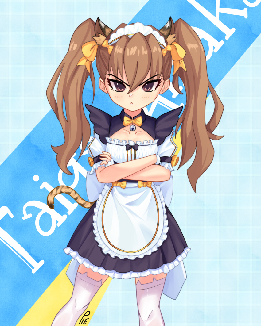 1girl absurdres aisaka_taiga animal_ears apron bangs bell black_skirt blue_background bow bowtie brown_eyes brown_hair character_name closed_mouth commentary crossed_arms english_commentary hair_between_eyes highres jingle_bell light_blush long_hair looking_at_viewer maid maid_apron maid_headdress pout short_sleeves signature skirt solo standing tail thigh-highs tiger_ears tiger_tail toradora! twintails unusualpie v-shaped_eyebrows white_legwear yellow_bow