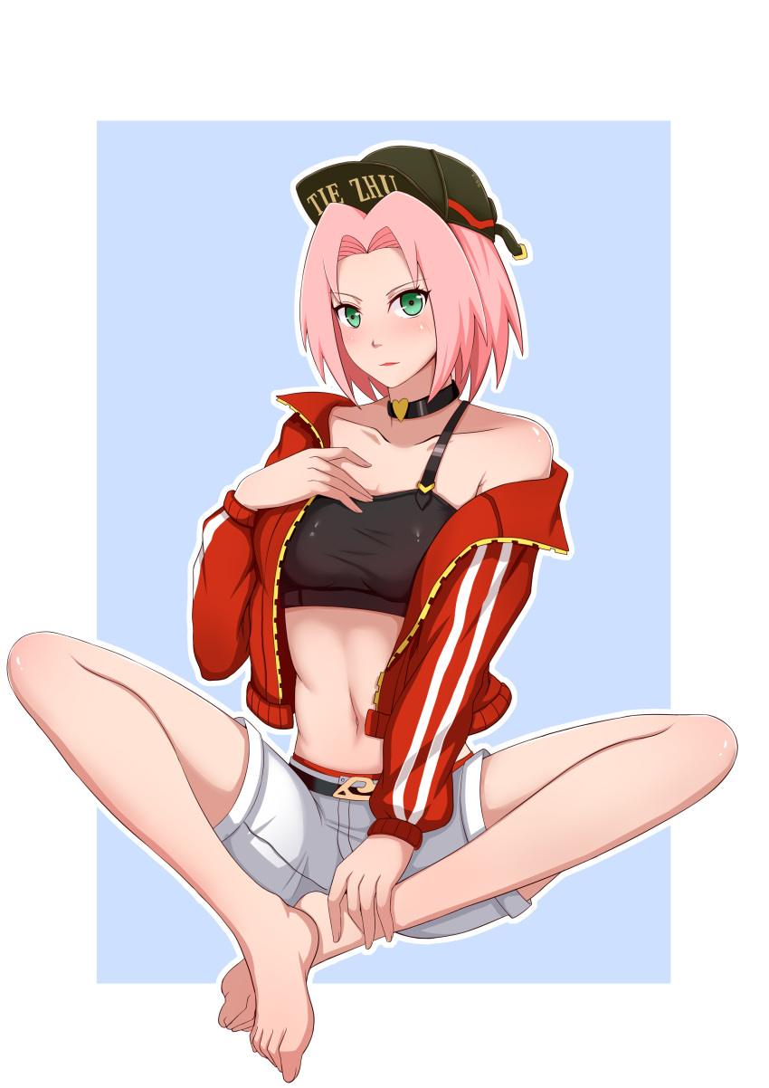 1girl absurdres bare_legs barefoot black_collar black_headwear blue_background border breasts closed_mouth collar collarbone full_body green_eyes hair_intakes haruno_sakura hat heart_collar highres indian_style jacket long_sleeves looking_at_viewer medium_breasts midriff naruto_(series) naruto_shippuuden navel off_shoulder open_clothes open_jacket outline outside_border pink_hair red_jacket red_lips seisen short_hair short_shorts shorts sitting solo stomach white_border white_shorts