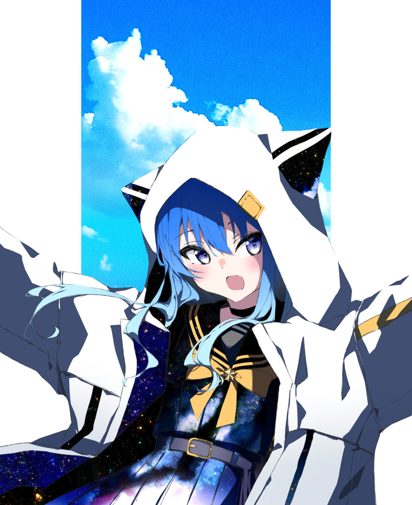 1girl absurdres animal_hood bangs belt blue_eyes blue_hair blush bow choker clouds cowboy_shot fang gradient_hair hair_between_eyes highres hololive hood hood_up hooded_jacket hoshimachi_suisei jacket light_blue_hair long_hair looking_to_the_side mokoso multicolored_hair open_mouth outstretched_arms pleated_skirt sailor_collar school_uniform sidelocks skin_fang skirt sky solo star_(sky) starry_sky virtual_youtuber white_jacket