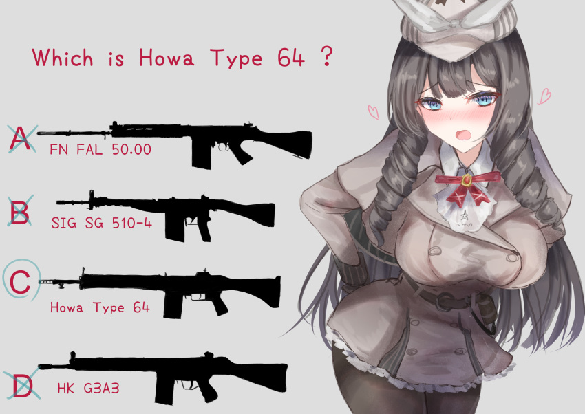 1girl absurdres ascot ass battle_rifle beige_coat belt belt_buckle blue_eyes blush bow bowtie breasts brooch brown_hair brown_legwear buckle cabbie_hat circled coat cowboy_shot crossed_out drill_hair drill_locks english_text explosive eyelashes fn_fal girls_frontline gloves grenade grey_background gun h&amp;k_g3a3 hand_on_hip hat hat_bow heart highres howa_type_64 howa_type_64_(a_job_that_doesn't_suit_her)_(girls'_frontline) howa_type_64_(girls'_frontline) huge_breasts jewelry leaning_forward long_hair look-alike looking_at_viewer m18_grenade martinreaction nose_blush official_alternate_costume open_mouth pantyhose quiz rifle sidelocks sig_510 silhouette simple_background solo strap trench_coat very_long_hair weapon white_bow