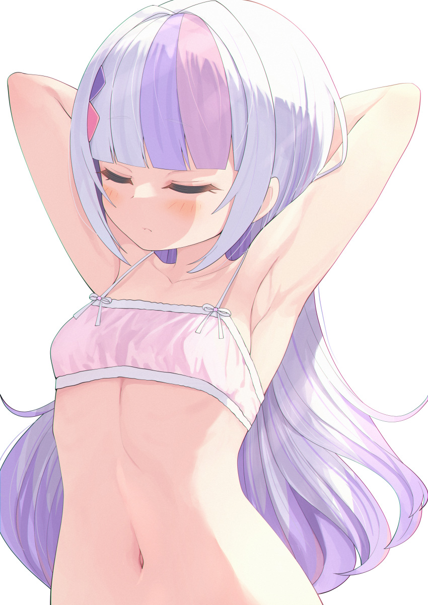 1girl absurdres armpits arms_behind_head arms_up bangs blunt_bangs blush bra breasts closed_eyes closed_mouth commentary_request eyelashes gradient_hair hair_ornament highres hololive kage_(ka_9e_4su) long_hair multicolored_hair murasaki_shion navel pink_bra purple_hair shadow shiny shiny_hair shiny_skin sidelocks silver_hair simple_background small_breasts solo stomach streaked_hair underwear upper_body virtual_youtuber white_background