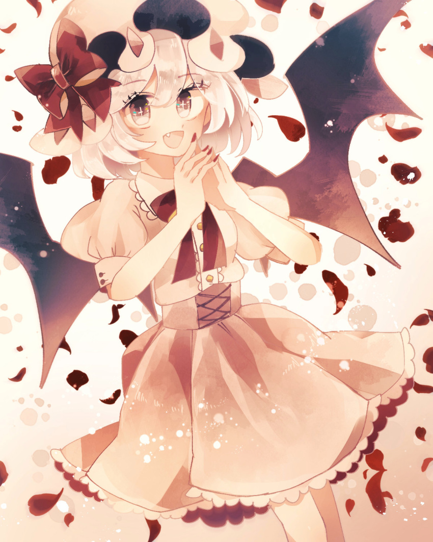 +_+ 1girl :d bat_wings bow bowtie buttons commentary corset dress eyebrows_visible_through_hair falling_petals fang feet_out_of_frame fingernails fingers_together frilled_dress frilled_shirt_collar frills grey_eyes hair_between_eyes hands_up hat hat_bow highres looking_at_viewer mob_cap nail_polish open_mouth own_hands_together petals puffy_short_sleeves puffy_sleeves ratto_(mobilis_1870) red_bow red_bowtie red_nails remilia_scarlet short_hair short_sleeves silver_hair sleeve_cuffs smile solo touhou white_dress white_headwear wings