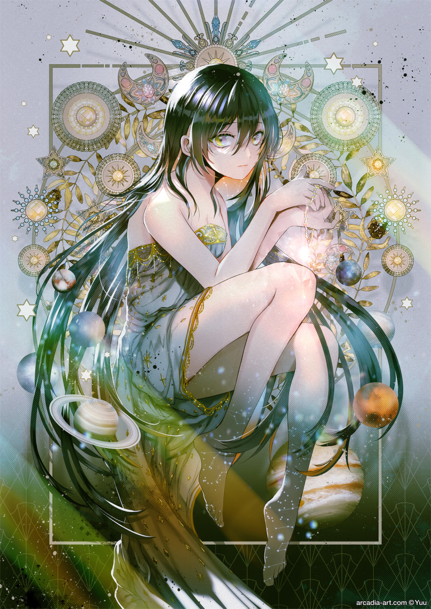 1girl bangs bare_arms bare_shoulders barefoot black_hair brown_hair closed_mouth commentary_request constellation dress eyebrows_visible_through_hair grey_background grey_dress hair_between_eyes highres long_hair original planet planetary_ring solo strapless strapless_dress very_long_hair violet_eyes yellow_eyes yuu_(arcadia)