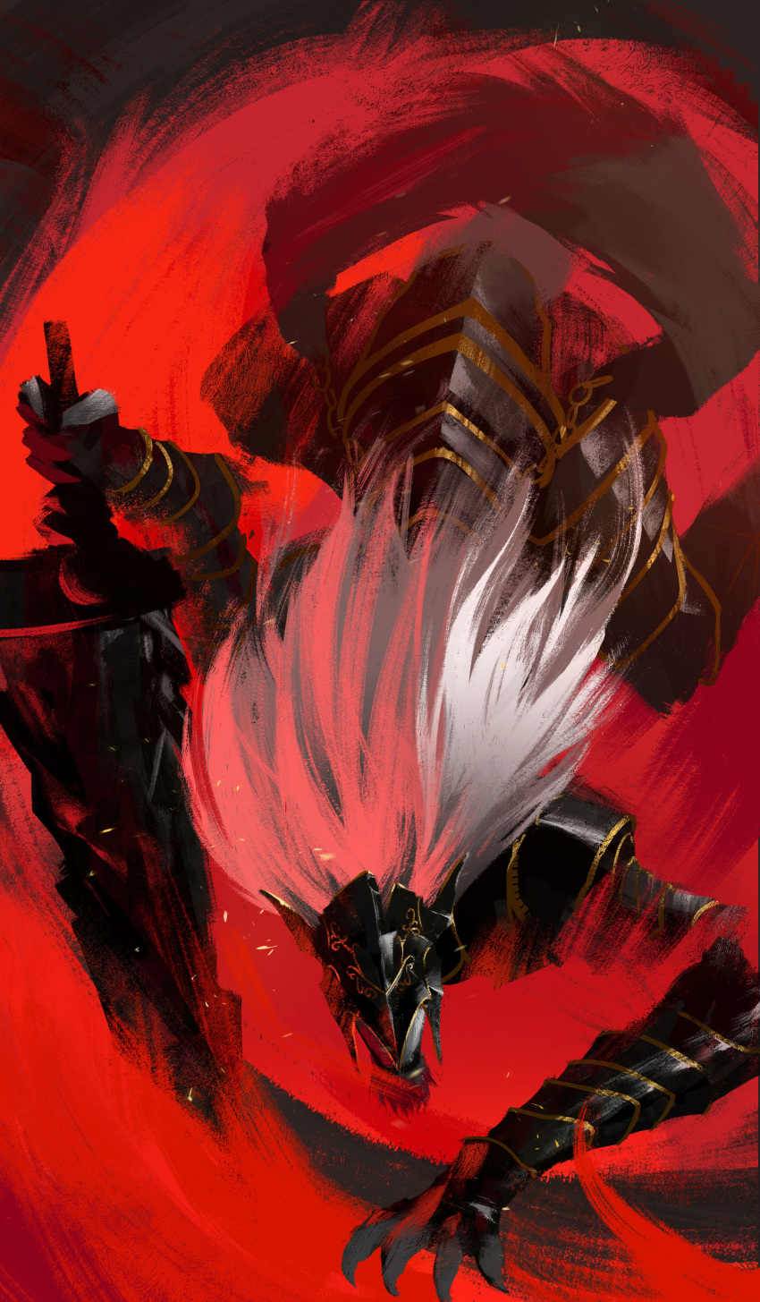 1boy absurdres all_fours armor elden_ring fighting_stance furry furry_male gauntlets helmet highres holding holding_sword holding_weapon iranon_(new_iranon) maliketh_the_black_blade solo spoilers sword weapon white_hair