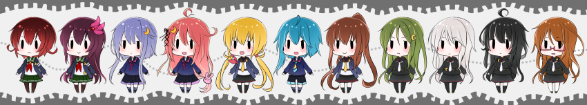 6+girls ahoge asymmetrical_hair black_hair black_legwear black_sailor_collar black_serafuku black_shirt black_shorts black_skirt blonde_hair blue_hair blue_jacket blue_shirt brown_hair bunny_hair_ornament chibi crescent crescent_hair_ornament crescent_pin frilled_shorts frills fumizuki_(kancolle) glasses gradient_hair green_hair green_sailor_collar green_skirt hair_ornament highres jacket kantai_collection kikuzuki_(kancolle) kisaragi_(kancolle) long_hair long_sleeves low-tied_long_hair low_twintails mikazuki_(kancolle) minazuki_(kancolle) mochizuki_(kancolle) multicolored_hair multiple_girls mutsuki_(kancolle) nagatsuki_(kancolle) neckerchief necktie pantyhose pink_hair pleated_skirt ponytail purple_hair red-framed_eyewear redhead remodel_(kantai_collection) sailor_collar satsuki_(kancolle) school_uniform semi-rimless_eyewear serafuku shirt short_hair short_hair_with_long_locks shorts skirt solid_oval_eyes thigh-highs twintails under-rim_eyewear uzuki_(kancolle) white_hair white_necktie white_shirt wide_image yayoi_(kancolle) yellow_necktie yunamaro