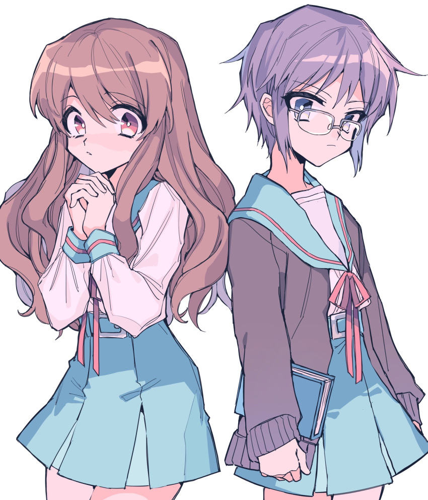 2girls alternate_eye_color asahina_mikuru bangs belt blue_sailor_collar blue_skirt book brown_cardigan brown_eyes brown_hair cardigan closed_mouth commentary_request expressionless glasses highres holding holding_book kita_high_school_uniform long_hair long_sleeves looking_at_viewer mochoeru multiple_girls nagato_yuki open_cardigan open_clothes own_hands_together purple_hair red_ribbon ribbon sailor_collar school_uniform serafuku short_hair simple_background skirt suzumiya_haruhi_no_yuuutsu violet_eyes white_background