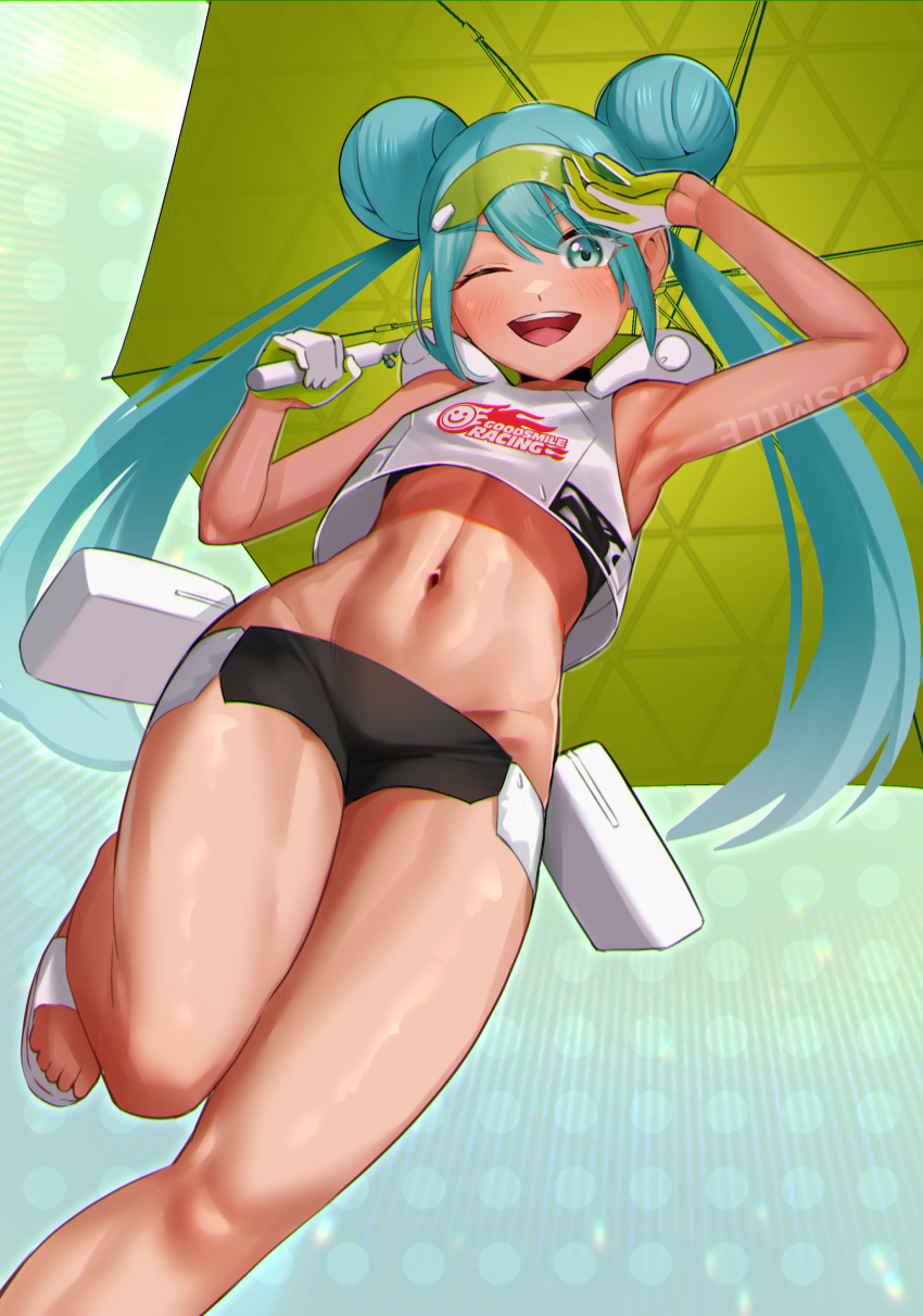 1girl ;d absurdres aqua_eyes aqua_hair arm_up armpits bangs bare_shoulders black_choker black_shorts body_writing breasts choker commentary cowboy_shot crop_top crop_top_overhang cropped_vest double_bun eyebrows_visible_through_hair eyewear_on_head flip-flops from_below gloves goodsmile_racing green_background green_gloves groin hair_between_eyes half_gloves hatsune_miku highres holding holding_umbrella hood hood_down hooded_vest hoodie long_hair looking_at_viewer micro_shorts midriff navel one_eye_closed open_mouth polka_dot polka_dot_background racing_miku racing_miku_(2022) sandals shorts sidelocks small_breasts smile solo standing standing_on_one_leg sunglasses tan teeth toin_(koto54576897) twintails two-tone_gloves umbrella upper_teeth vest vocaloid white_gloves