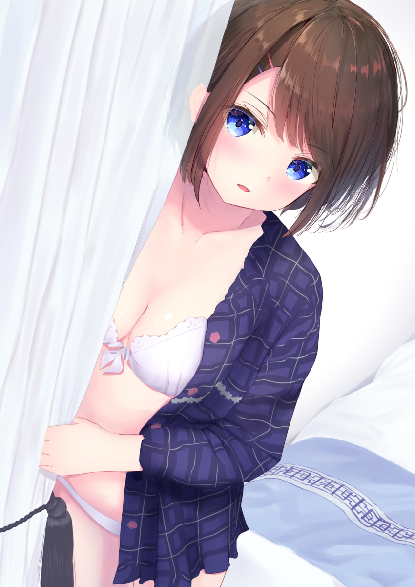 1girl blouse blue_eyes blush breasts brown_hair collarbone curtains hair_ornament hairpin highres large_breasts looking_at_viewer open_clothes open_mouth original panties short_hair solo underwear yunarebun