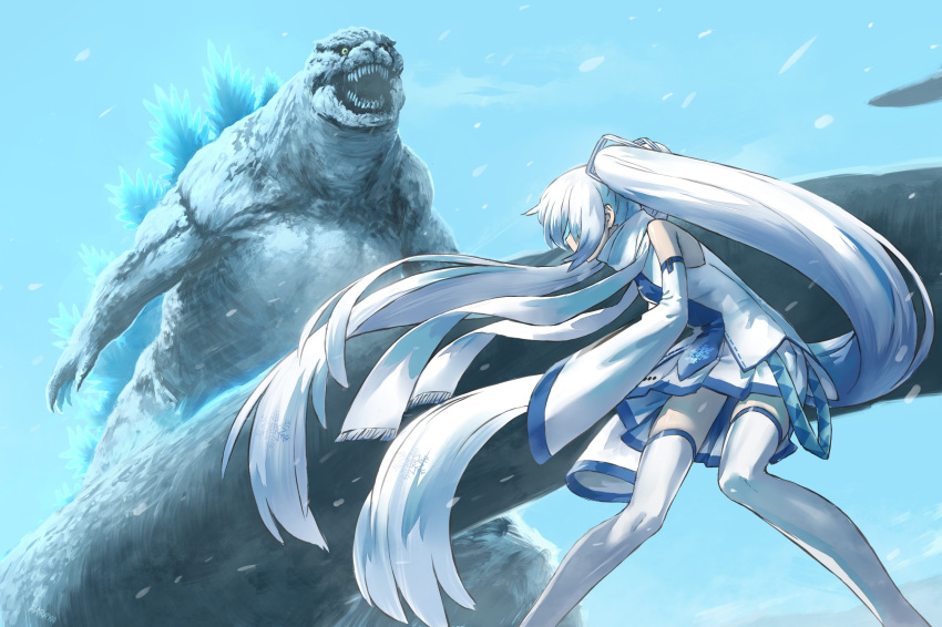1girl 1other bare_shoulders belt bent_over commentary detached_sleeves fighting_stance from_side giant giant_monster godzilla godzilla_(series) hair_ornament haraya_manawari hatsune_miku highres kaijuu long_hair looking_at_another miniskirt open_mouth outdoors pleated_skirt scarf sharp_teeth shirt skindentation skirt sleeveless sleeveless_shirt sleeves_past_fingers sleeves_past_wrists snowing spines standing tail teeth thigh-highs twintails very_long_hair vocaloid white_hair white_legwear white_scarf white_shirt white_skirt white_sleeves wide_sleeves yuki_miku yuki_miku_(2011) zettai_ryouiki