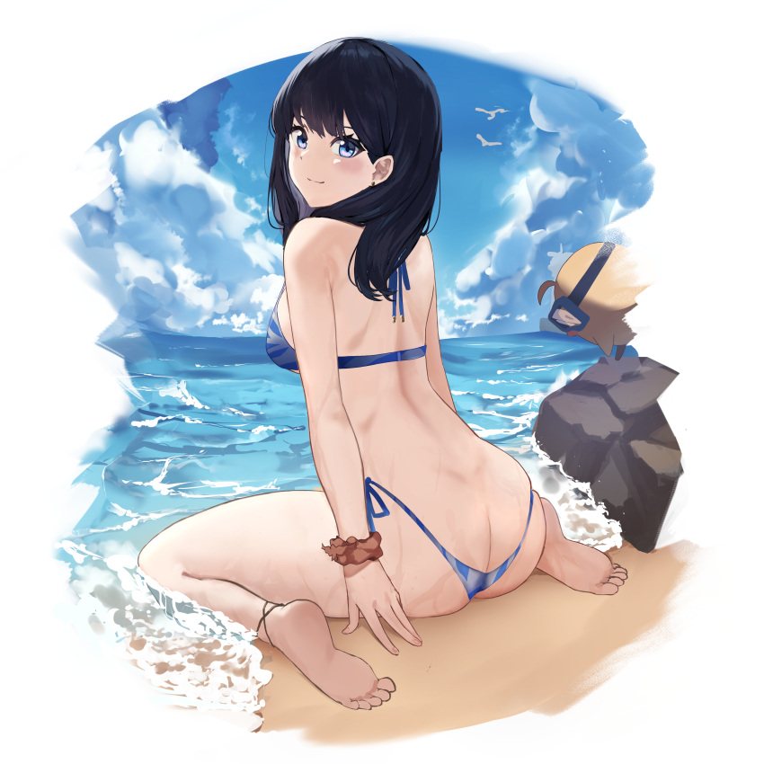 1girl absurdres anklet arigiep ass azur_lane barefoot beach bikini bird black_hair blue_bikini blue_eyes breasts feet from_behind gridman_universe highres jewelry looking_back manjuu_(azur_lane) medium_breasts ocean scrunchie sitting smile soles ssss.gridman swimsuit takarada_rikka toes wariza wrist_scrunchie