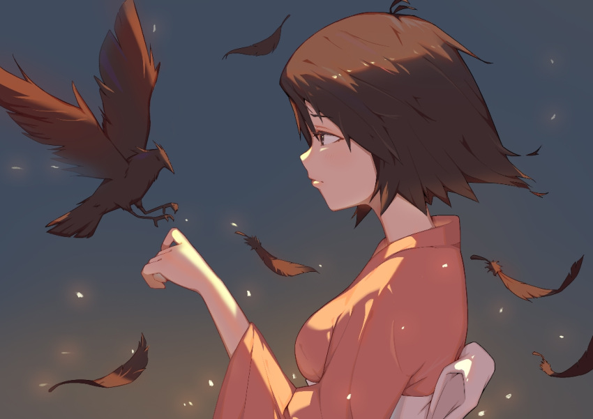 1girl a-z_(alphaomega) bird black_hair brown_eyes crow feathers gradient gradient_background japanese_clothes kimono nonaka_haru outdoors short_hair simple_background solo upper_body yesterday_wo_utatte