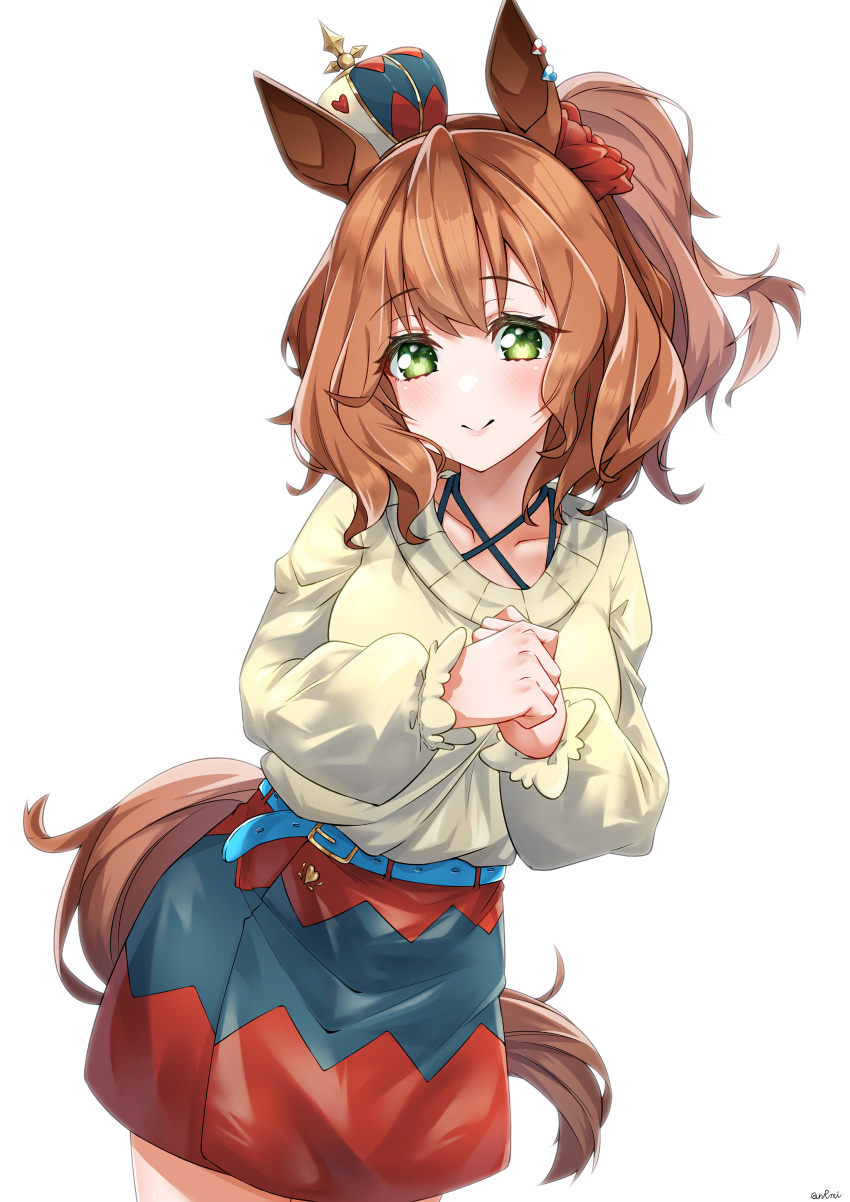 1girl absurdres animal_ears anrumi artist_name aston_machan_(umamusume) bangs belt blush clenched_hands closed_mouth crown green_eyes green_sweater highres horse_ears horse_girl horse_tail long_sleeves mini_crown puffy_long_sleeves puffy_sleeves side_ponytail signature simple_background skirt smile solo sweater tail umamusume white_background