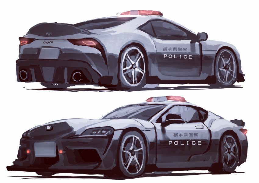 absurdres car ground_vehicle headlight highres motor_vehicle multiple_views no_humans original police police_car shadow shiyo_tsubame sketch toyota toyota_supra vehicle_focus