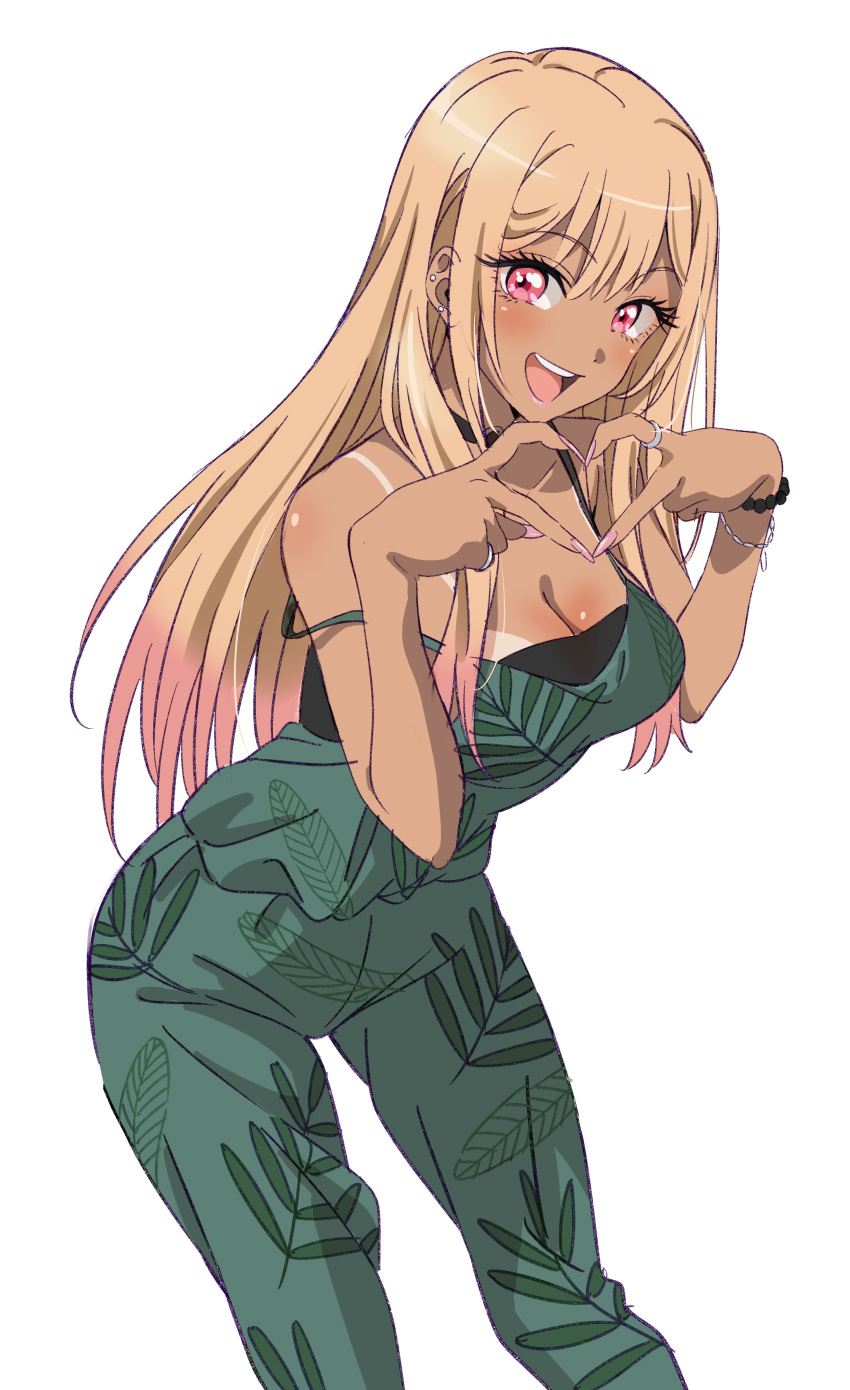 1girl absurdres bare_shoulders blonde_hair dark-skinned_female dark_skin earrings floral_print green_pants gyaru highres jewelry kitagawa_marin loose_clothes loose_shirt multicolored_hair official_art pants piercing pink_hair print_pants print_shirt red_eyes shirt sono_bisque_doll_wa_koi_wo_suru tan tanlines yamazaki_jun