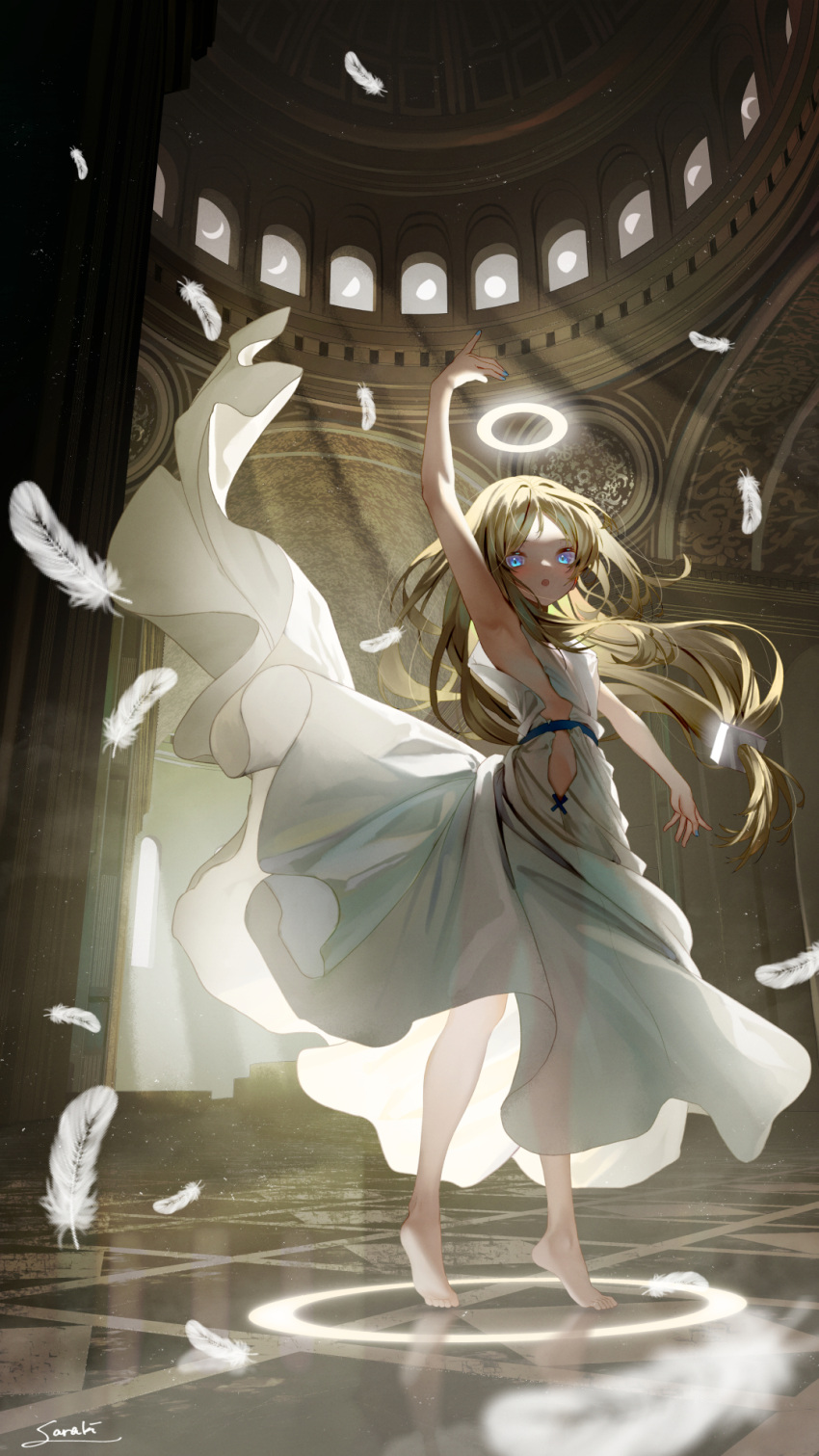 1girl :o arm_up armpits bare_arms barefoot blonde_hair blue_eyes blue_nails commentary_request dress feathers glowing halo highres indoors long_hair low-tied_long_hair nail_polish original parted_lips saraki see-through see-through_silhouette sleeveless sleeveless_dress soles solo standing tiptoes very_long_hair white_dress white_feathers