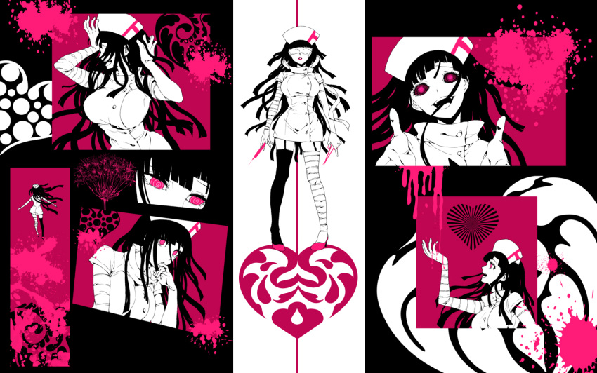 1girl ass bandaged_leg bandages black_background blindfold breasts crazy danganronpa_(series) danganronpa_2:_goodbye_despair dosugon dress garter_straps hat heart large_breasts looking_at_viewer nurse nurse_cap pink_background pink_eyes shoes single_thighhigh thigh-highs tsumiki_mikan white_background