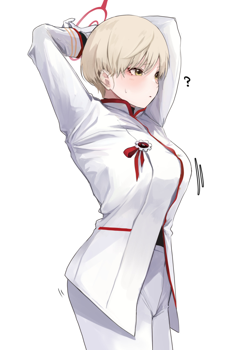 1girl ? absurdres akito_(d30n26) arms_up blonde_hair blue_archive breasts halo highres jacket large_breasts looking_afar marina_(blue_archive) motion_lines multicolored_clothes multicolored_jacket pants short_hair simple_background solo sweatdrop two-tone_jacket uniform white_background white_pants