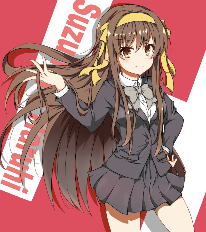 1girl bangs blazer bow bowtie brown_bow brown_bowtie brown_eyes brown_hair brown_jacket brown_skirt character_name closed_mouth commentary dress_shirt eyebrows_visible_through_hair h hair_between_eyes hair_ribbon hairband hand_on_hip hand_up highres hirorinwelcome jacket kouyouen_academy_uniform long_hair long_sleeves pocket red_background ribbon school_uniform shirt simple_background skirt smile solo suzumiya_haruhi_no_shoushitsu suzumiya_haruhi_no_yuuutsu very_long_hair white_shirt yellow_hairband yellow_ribbon