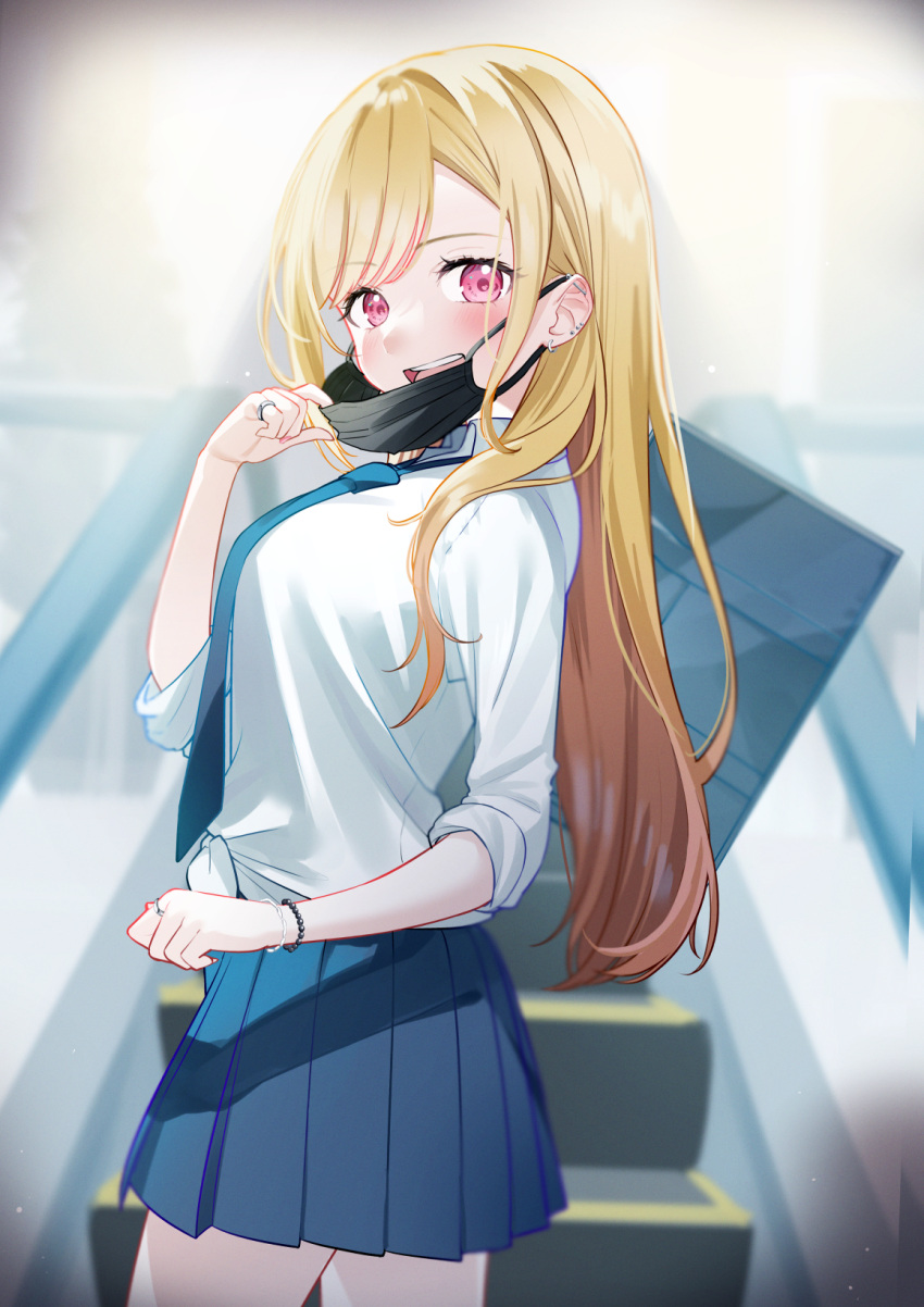 1girl bag blonde_hair blue_necktie blue_skirt blurry blurry_background breasts collared_shirt depth_of_field escalator hand_up highres jewelry kitagawa_marin long_hair luna_(mi-chanman) mask mask_pull medium_breasts mouth_mask necktie pleated_skirt pulled_by_self ring school_bag school_uniform shirt skirt solo sono_bisque_doll_wa_koi_wo_suru very_long_hair violet_eyes white_shirt