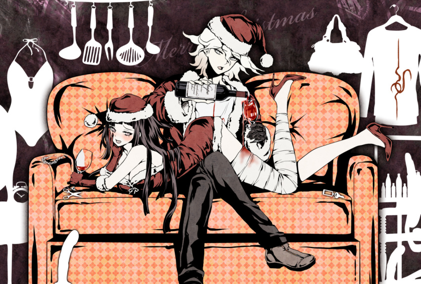 1boy 1girl alcohol alternate_costume bag bandaged_leg bandages bangs black_pants blush breasts cup danganronpa_(series) danganronpa_2:_goodbye_despair dosugon dress from_side fur-trimmed_headwear fur-trimmed_jacket fur_trim gloves hair_between_eyes hat high_heels holding holding_cup jacket key komaeda_nagito large_breasts lying on_lap on_stomach pants red_dress red_footwear red_gloves red_headwear red_jacket santa_costume santa_dress santa_hat shoes smile spatula swimsuit tsumiki_mikan