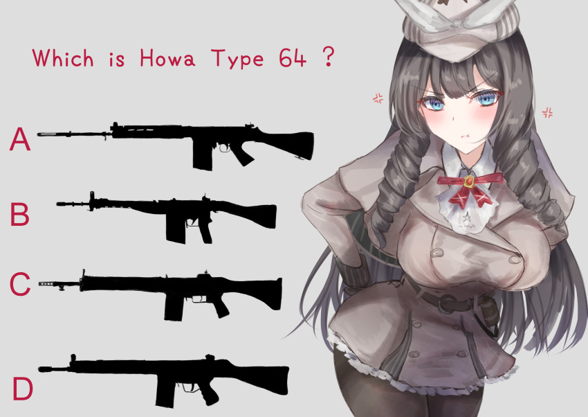 1girl :t absurdres anger_vein ascot ass battle_rifle beige_coat belt belt_buckle blue_eyes blush bow bowtie breasts brooch brown_hair brown_legwear buckle cabbie_hat coat cowboy_shot drill_hair drill_locks english_text explosive eyelashes fn_fal frown girls_frontline gloves grenade grey_background gun h&amp;k_g3a3 hand_on_hip hat hat_bow highres howa_type_64 howa_type_64_(a_job_that_doesn't_suit_her)_(girls'_frontline) howa_type_64_(girls'_frontline) huge_breasts jewelry leaning_forward long_hair look-alike looking_at_viewer m18_grenade martinreaction official_alternate_costume pantyhose quiz rifle sidelocks sig_510 silhouette simple_background solo strap trench_coat very_long_hair weapon white_bow