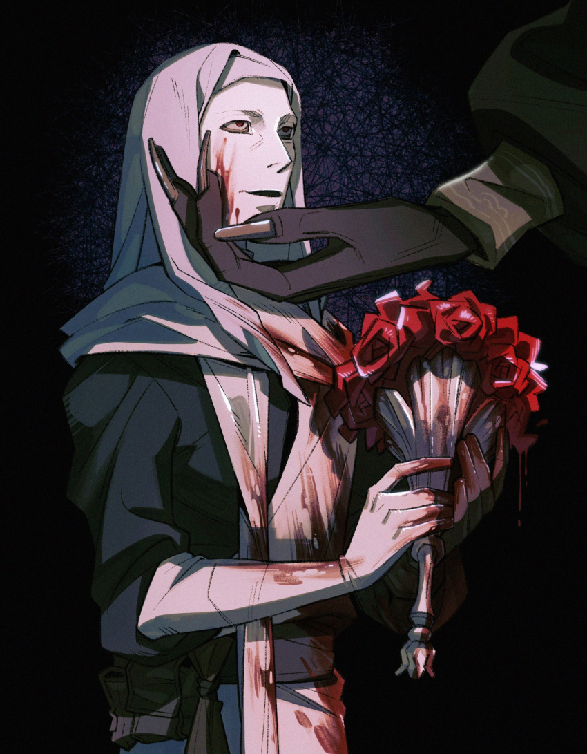 2boys blood blood_drip blood_on_face blood_on_hands blood_splatter bouquet commentary elden_ring english_commentary fingernails flower gloves highres holding holding_bouquet holding_flower mask mohg_lord_of_blood multiple_boys red_eyes red_flower red_rose rose sanpaku smile spoilers tabard tentententen00 veil white-faced_varre white_gloves