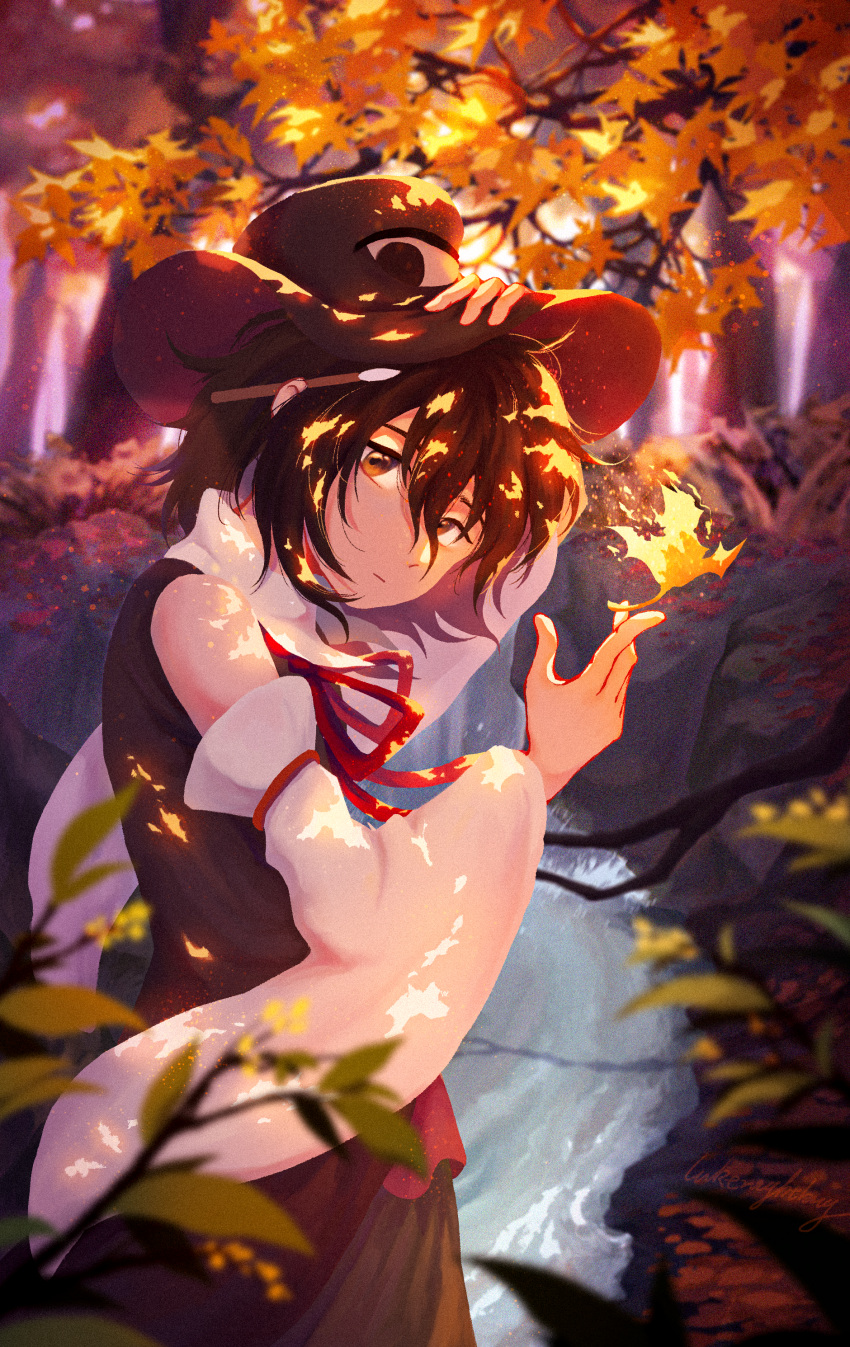 1other absurdres androgynous autumn autumn_leaves bare_shoulders black_hair black_vest bow bowtie brown_eyes closed_mouth collared_vest commentary_request detached_sleeves enraku_tsubakura falling_leaves hat highres holding holding_clothes holding_hat holding_leaf lakenightbug large_hat leaf len'en looking_at_viewer outdoors red_bow red_bowtie red_ribbon ribbon shirt short_hair top_hat tree vest water waterfall white_shirt wide_sleeves
