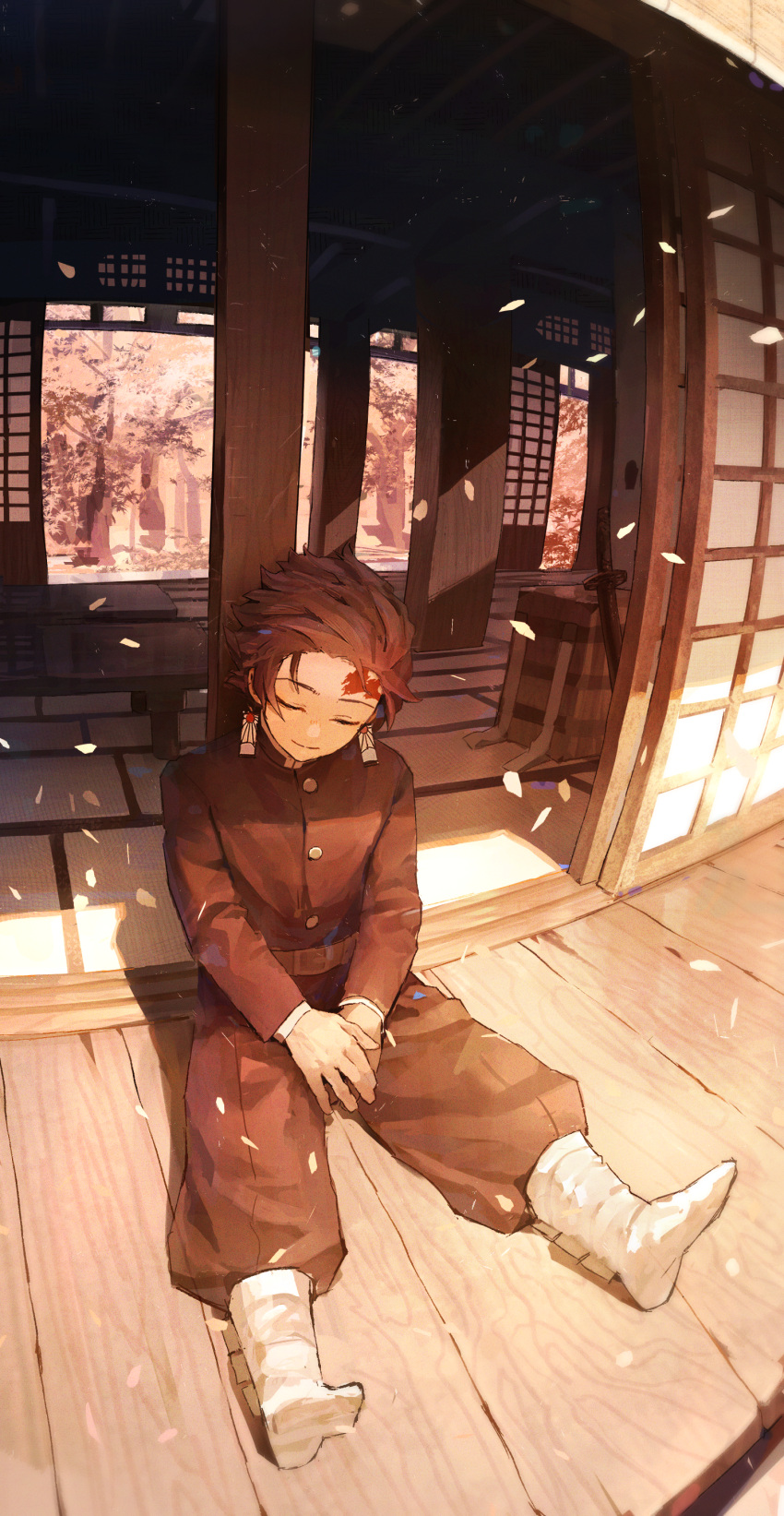 1boy absurdres architecture belt belt_buckle box brown_hair buckle closed_mouth day earrings east_asian_architecture facial_mark from_outside full_body head_tilt highres idoukunn jewelry kamado_tanjirou katana kimetsu_no_yaiba long_sleeves male_focus no_shoes on_floor outstretched_leg own_hands_together pants petals scar scar_on_face scar_on_forehead shaded_face shadow sitting sleeping sleeping_upright sliding_doors smile solo sunlight sword table tatami v_arms veranda weapon white_footwear wooden_floor